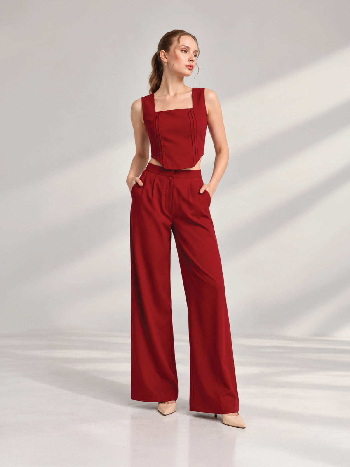 Pleated Corset-Hem Set - Red