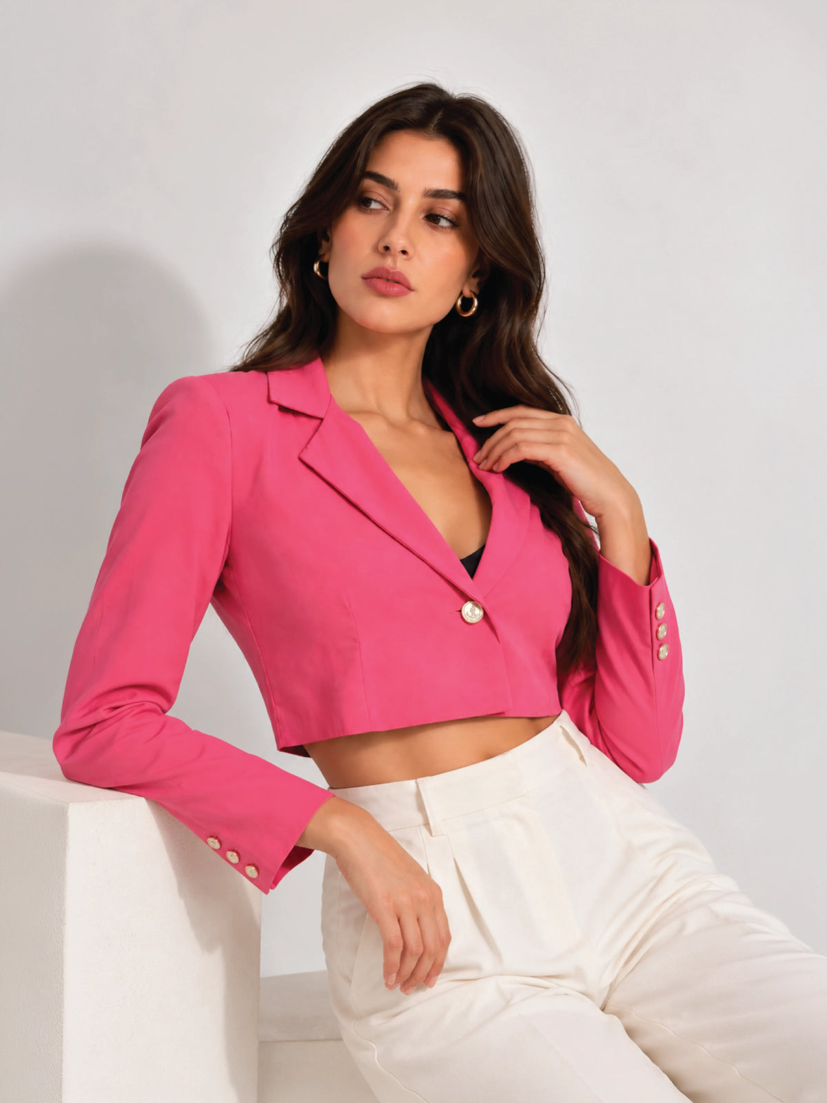 Detailed Crop Blazer - Hot Pink