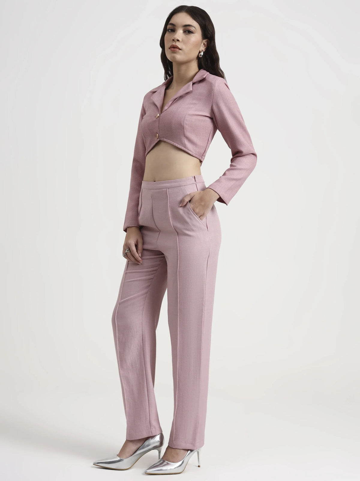 Curved Hem Crop Blazer - Blush Pink