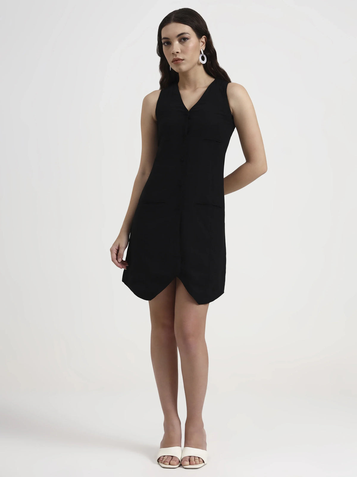 Asymmetric Button Mini Dress - Black
