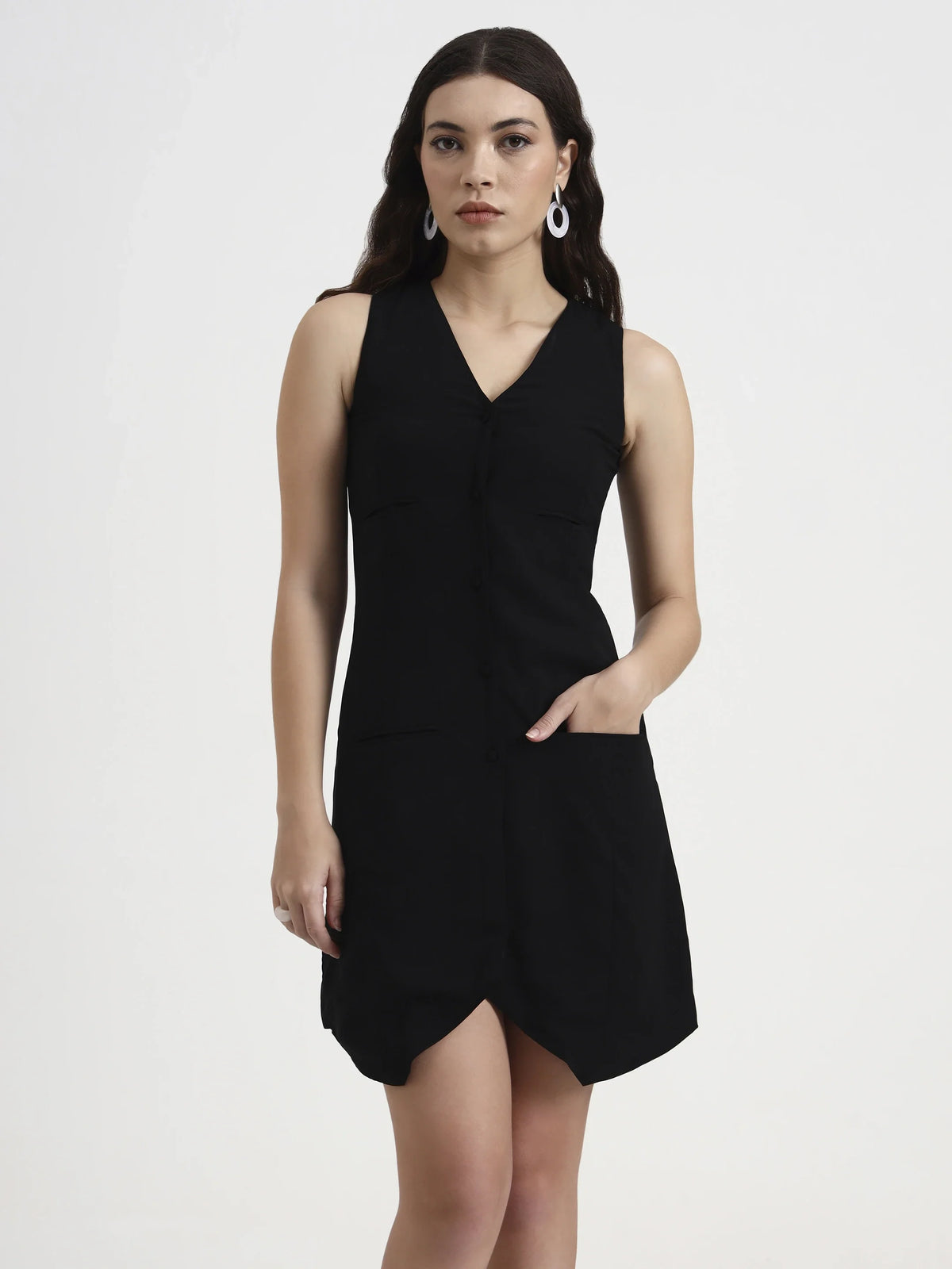 Asymmetric Button Mini Dress - Black
