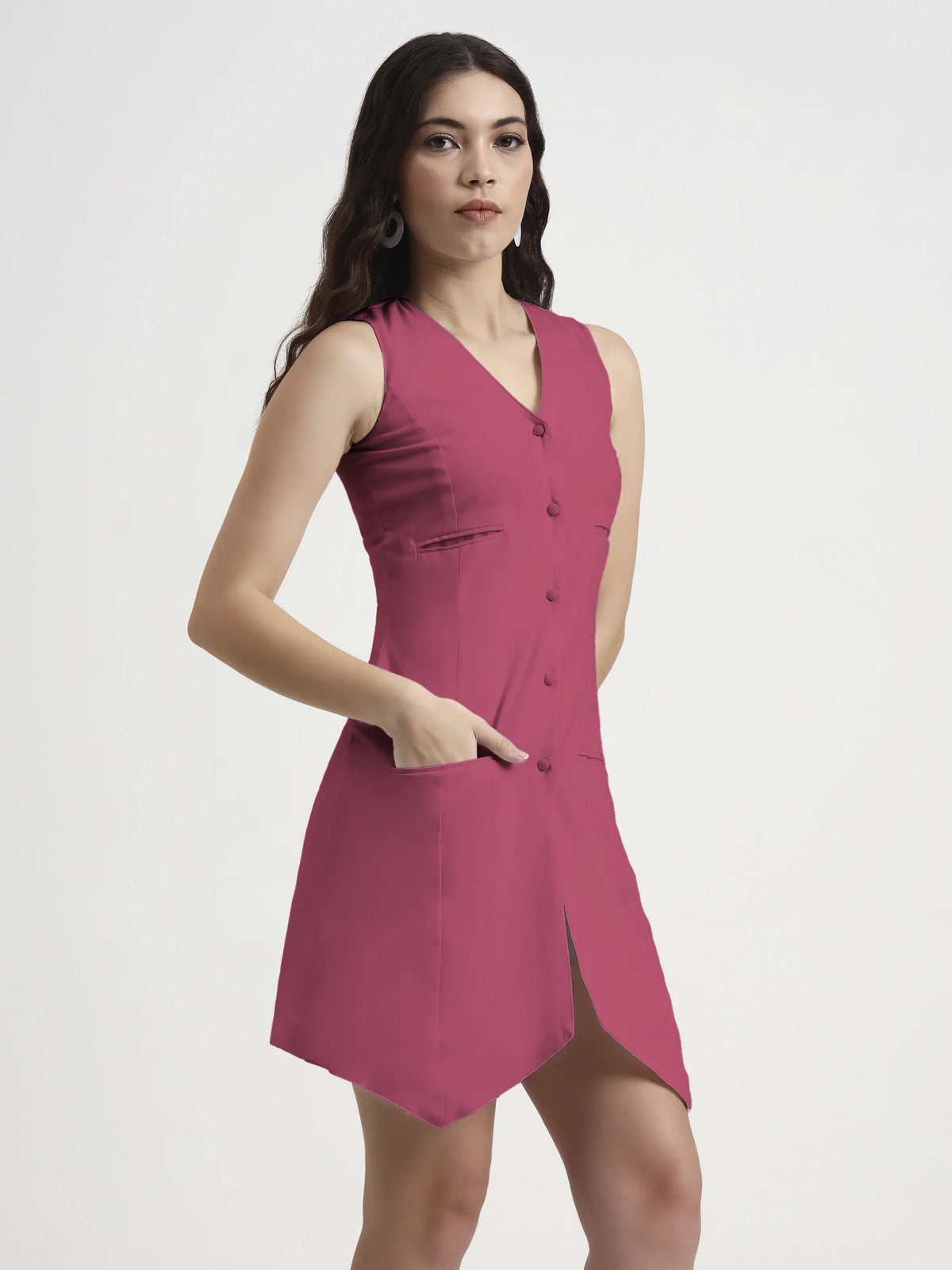 Asymmetric Button Mini Dress - Pink