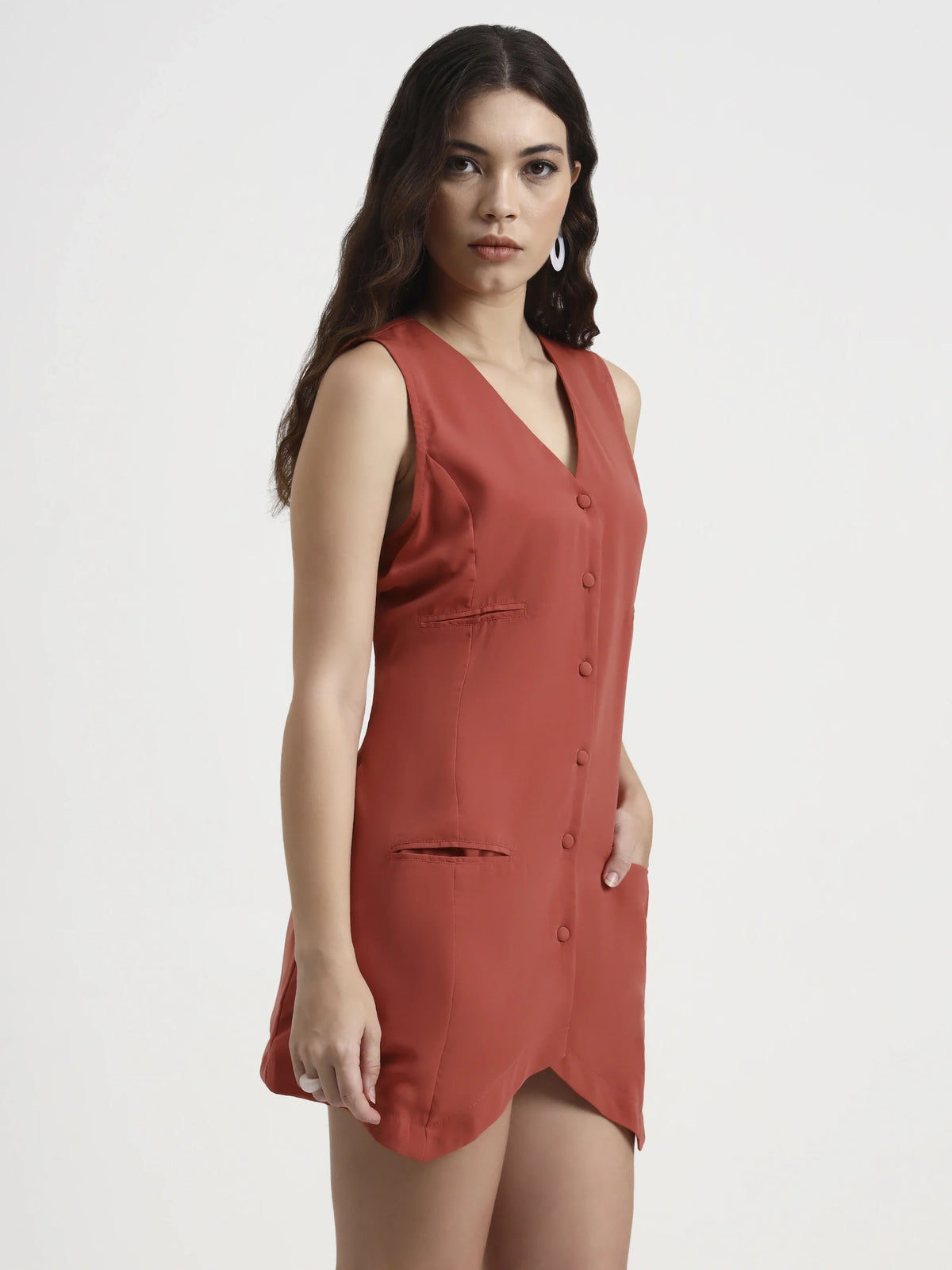 Asymmetric Button Mini Dress - Peach