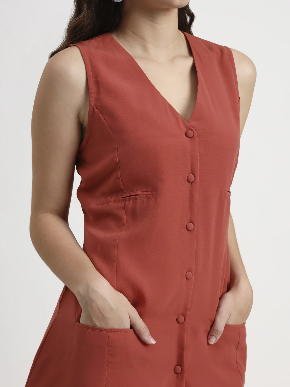 Asymmetric Button Mini Dress - Peach