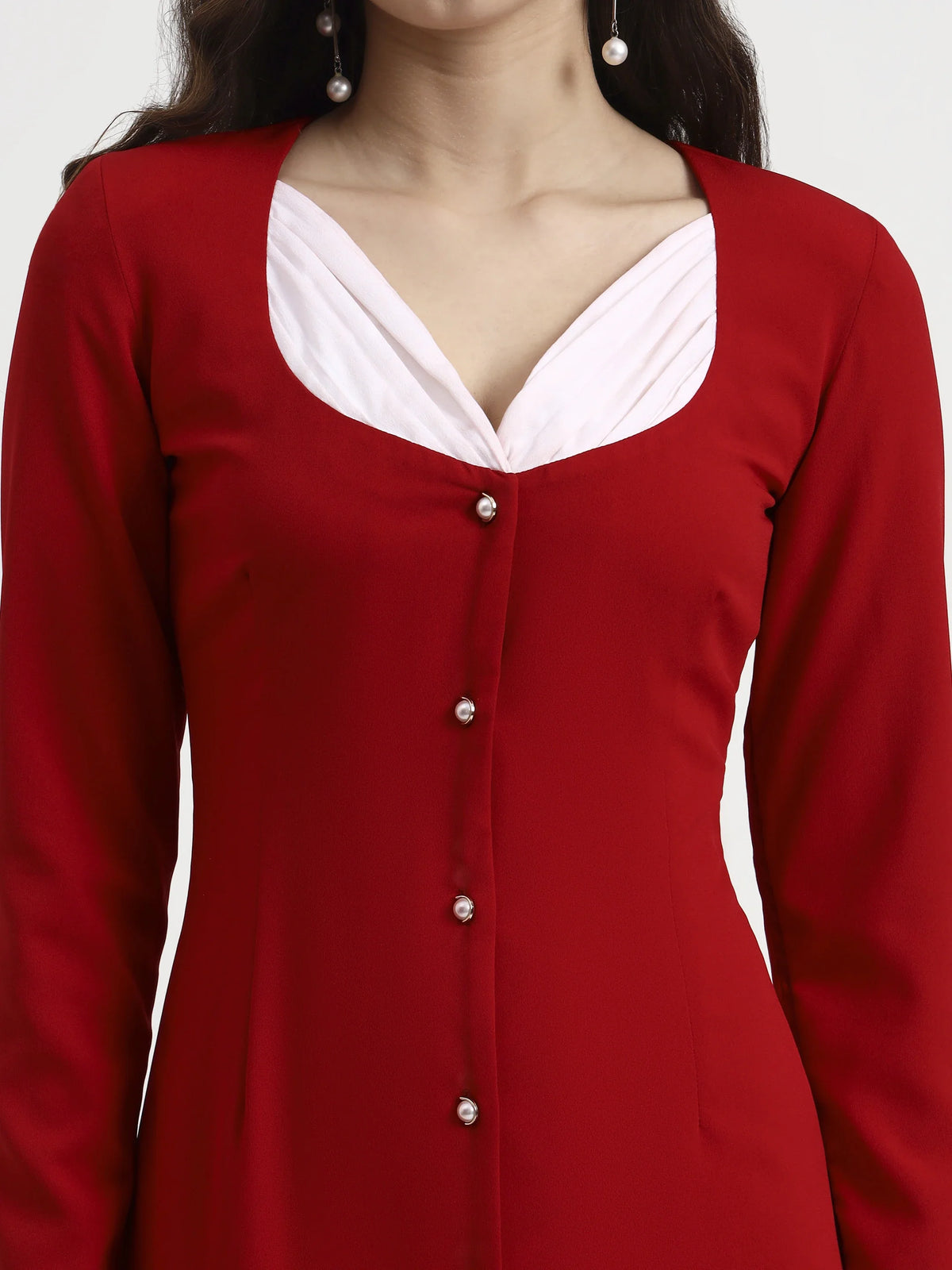 Button-Front Contrast Dress - Red