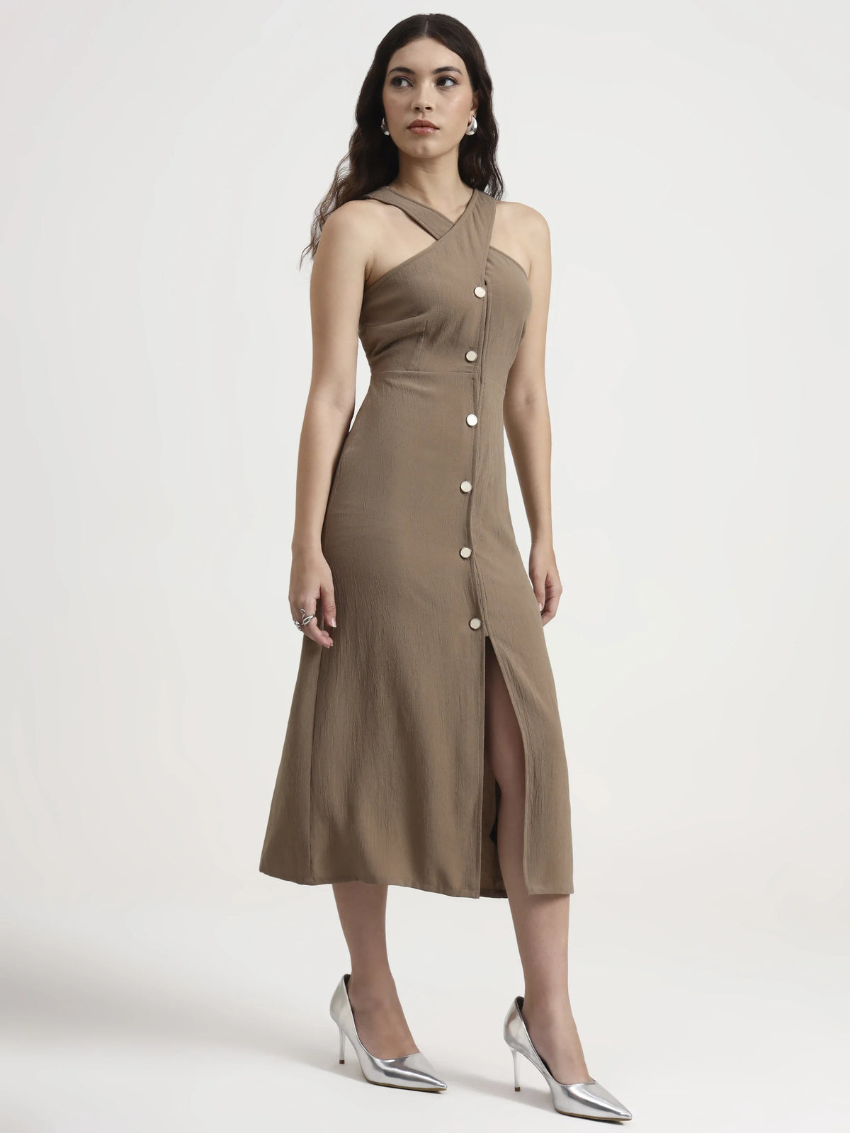 Slit Halter Shirt Dress - Mocha Brown