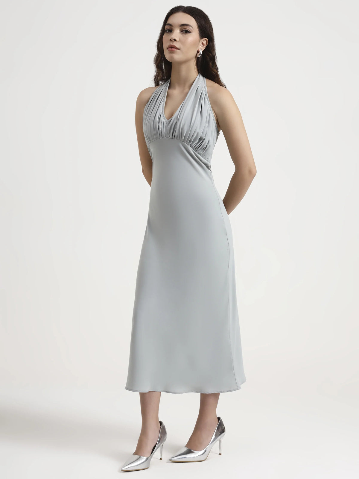 Long Pleated Halter Dress - Cloud Blue