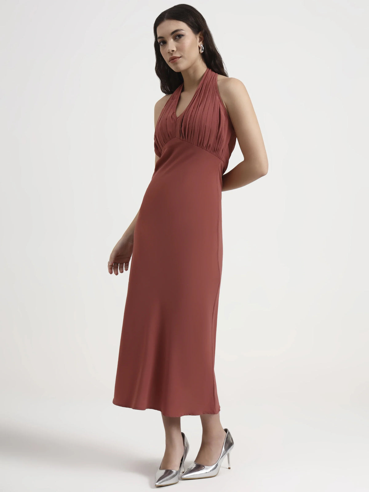 Long Pleated Halter Dress - Crimson Red