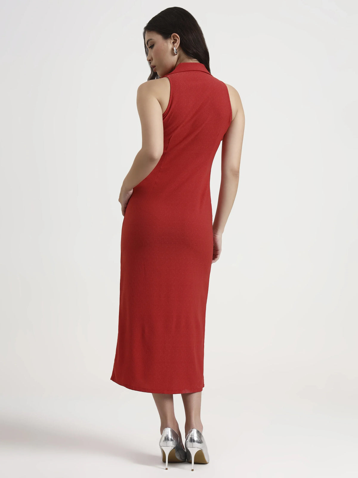 Tailored Button-Down Midi Dress - Coral Red