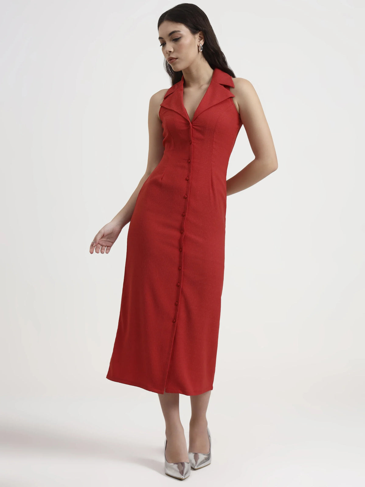Tailored Button-Down Midi Dress - Coral Red