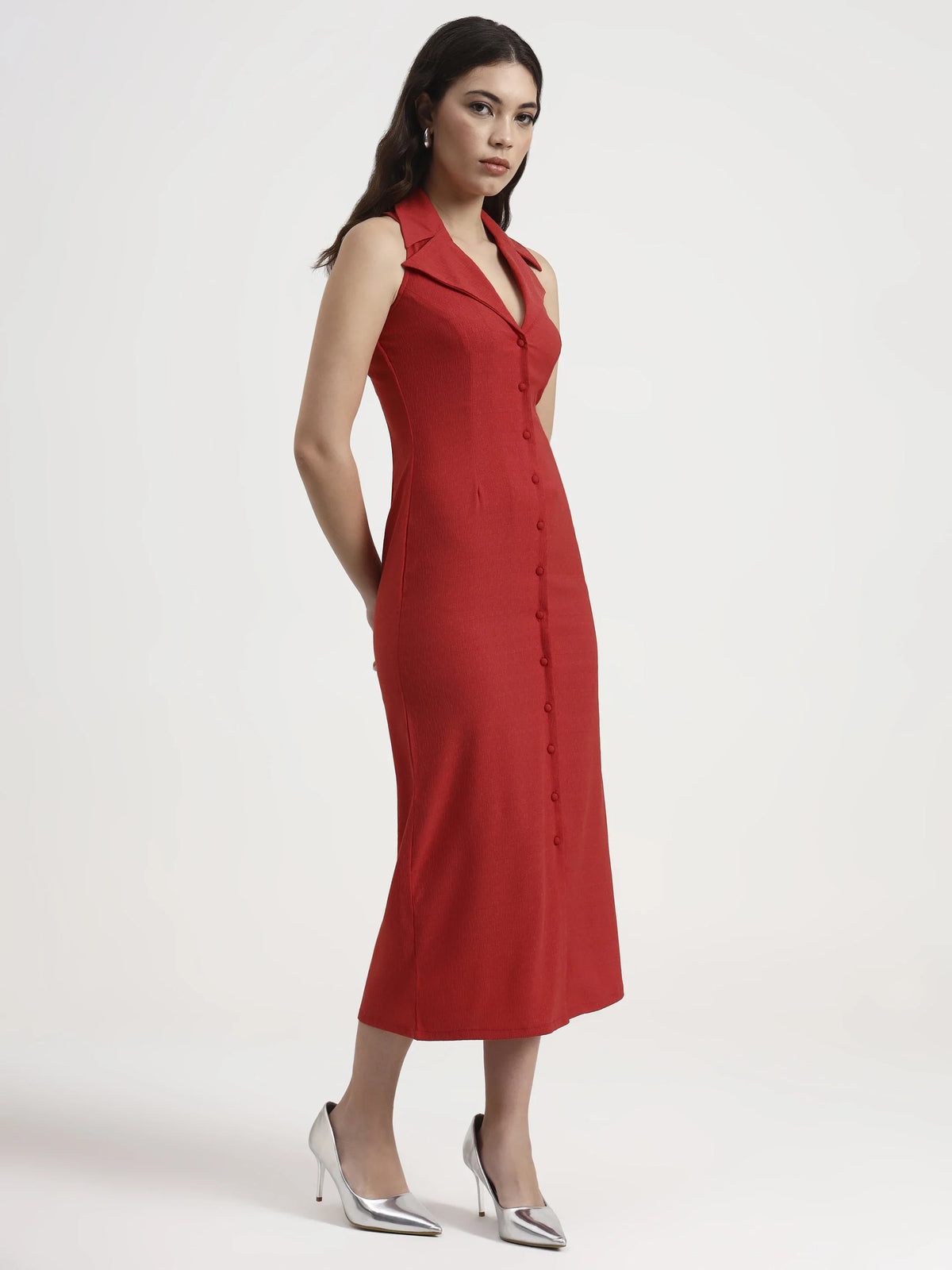 Tailored Button-Down Midi Dress - Coral Red
