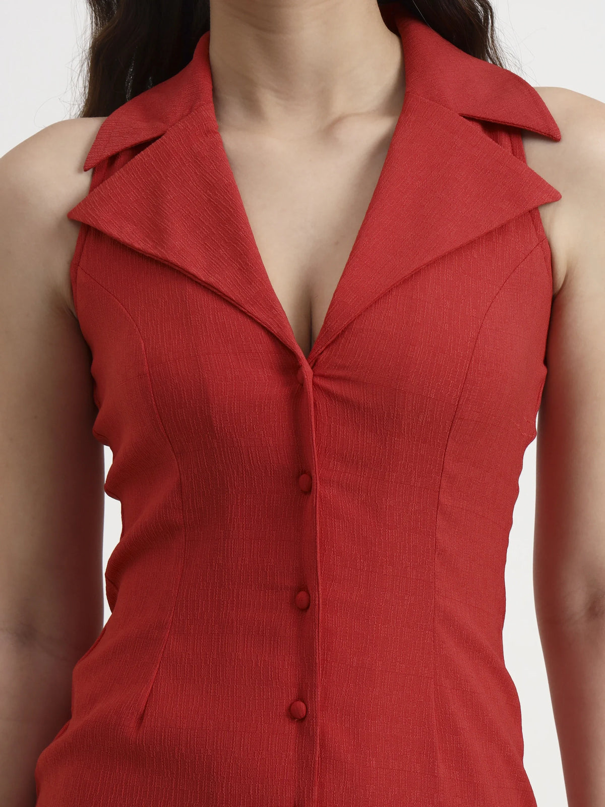 Tailored Button-Down Midi Dress - Coral Red