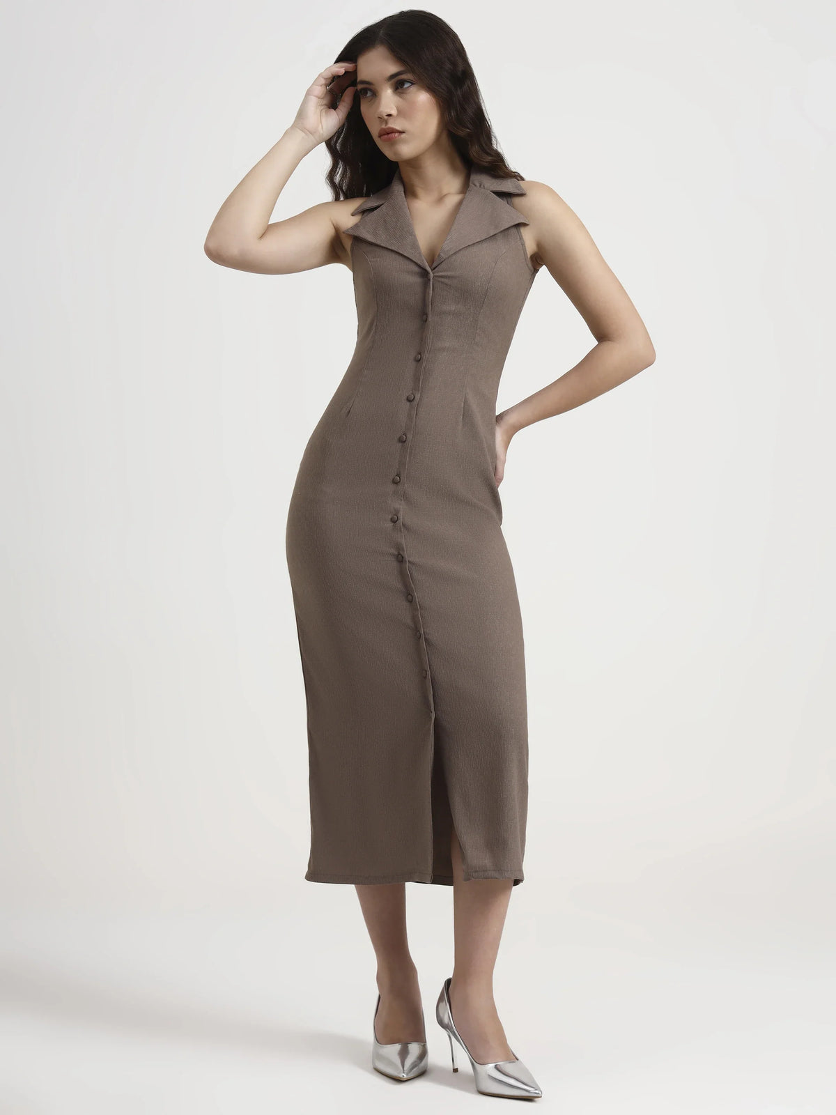 Tailored Button-Down Midi Dress - Taupe
