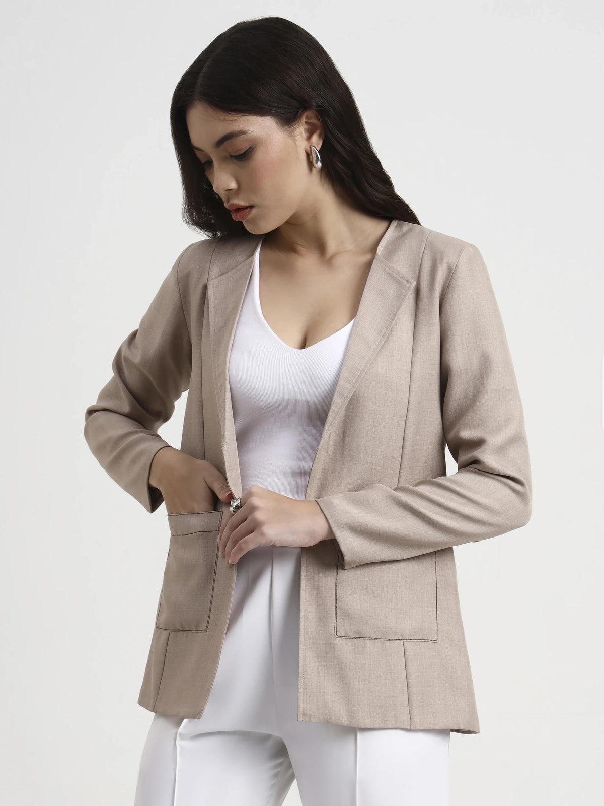 Embroidered Structured Blazer - Warm Beige