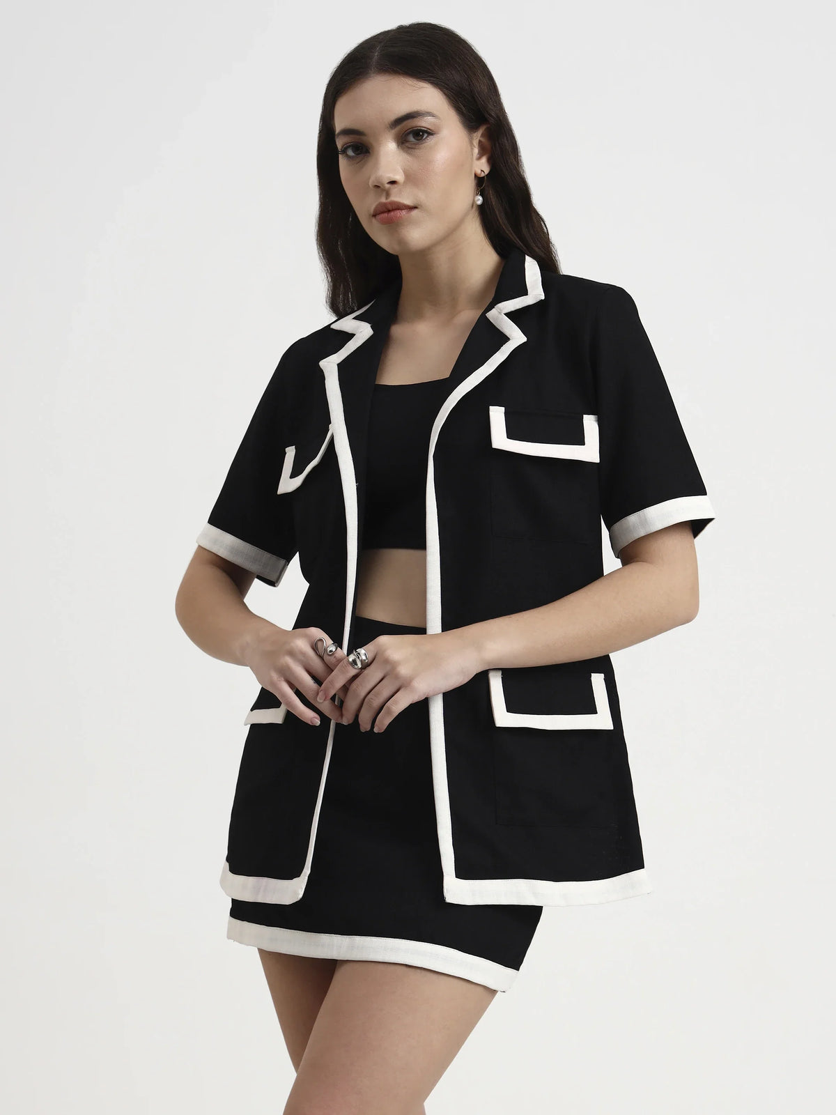 Trim-Detail Blazer Set - Black White