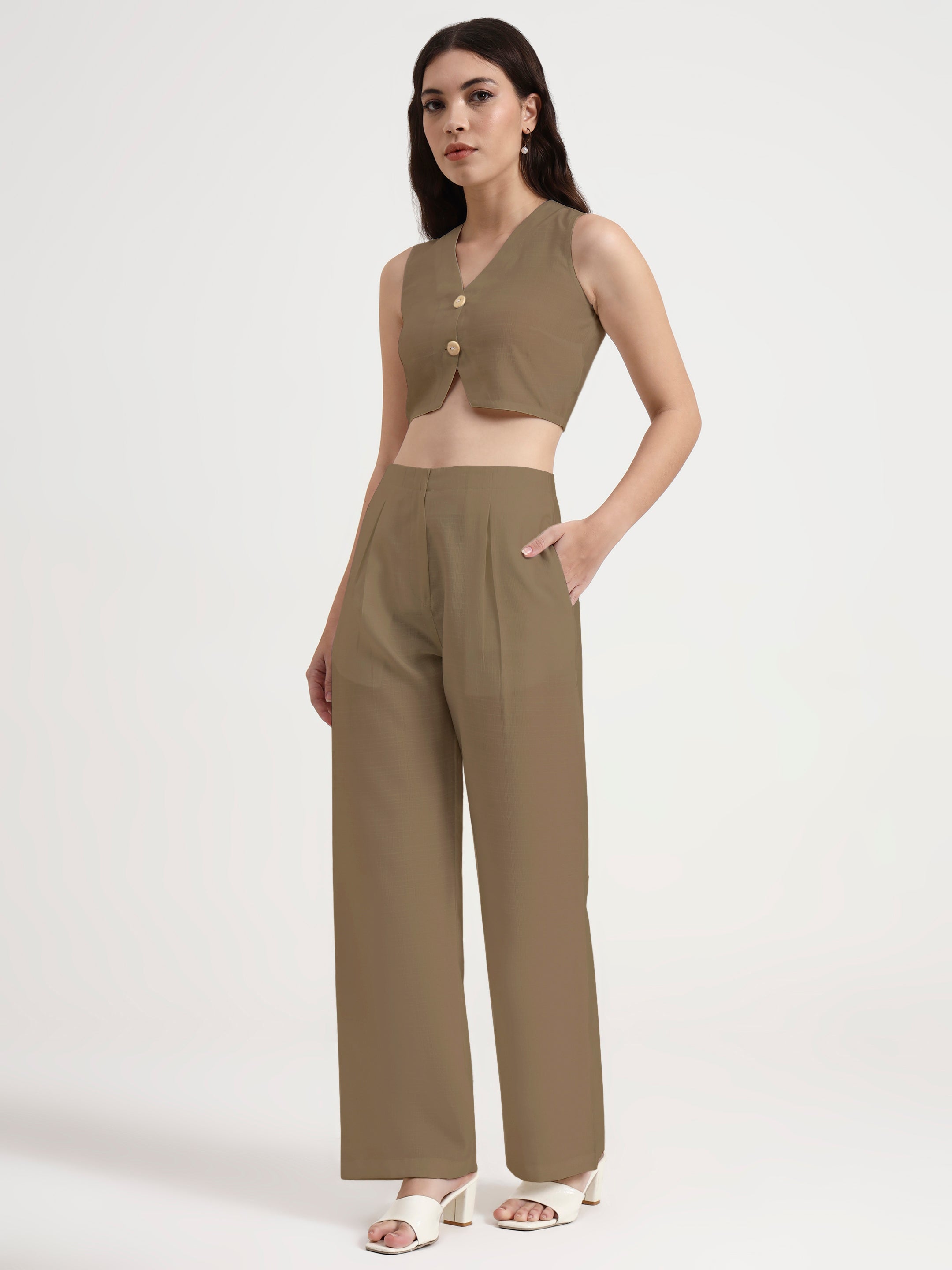 Pleated Trouser Waistcoat Co-ord - Khaki Brown 2.0